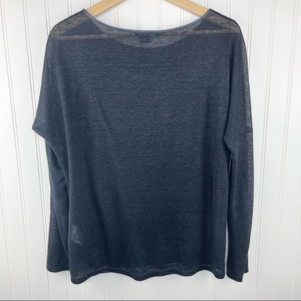 Vince Linen And Lamb Leather Trimmed Long Sleeve Top Navy Blue Size Small - Picture 4 of 7